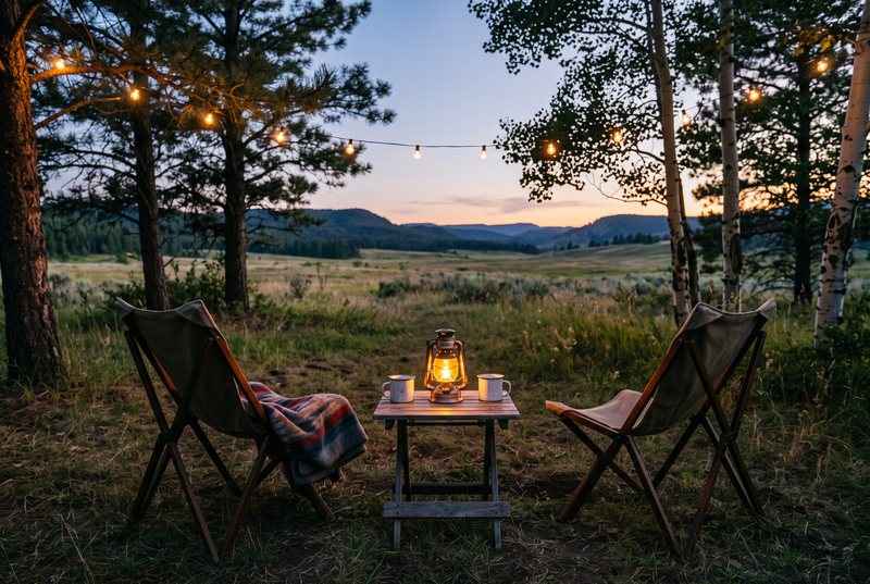 Zwei Campingstühle mit Laterne und Lichterkette in der Abenddämmerung