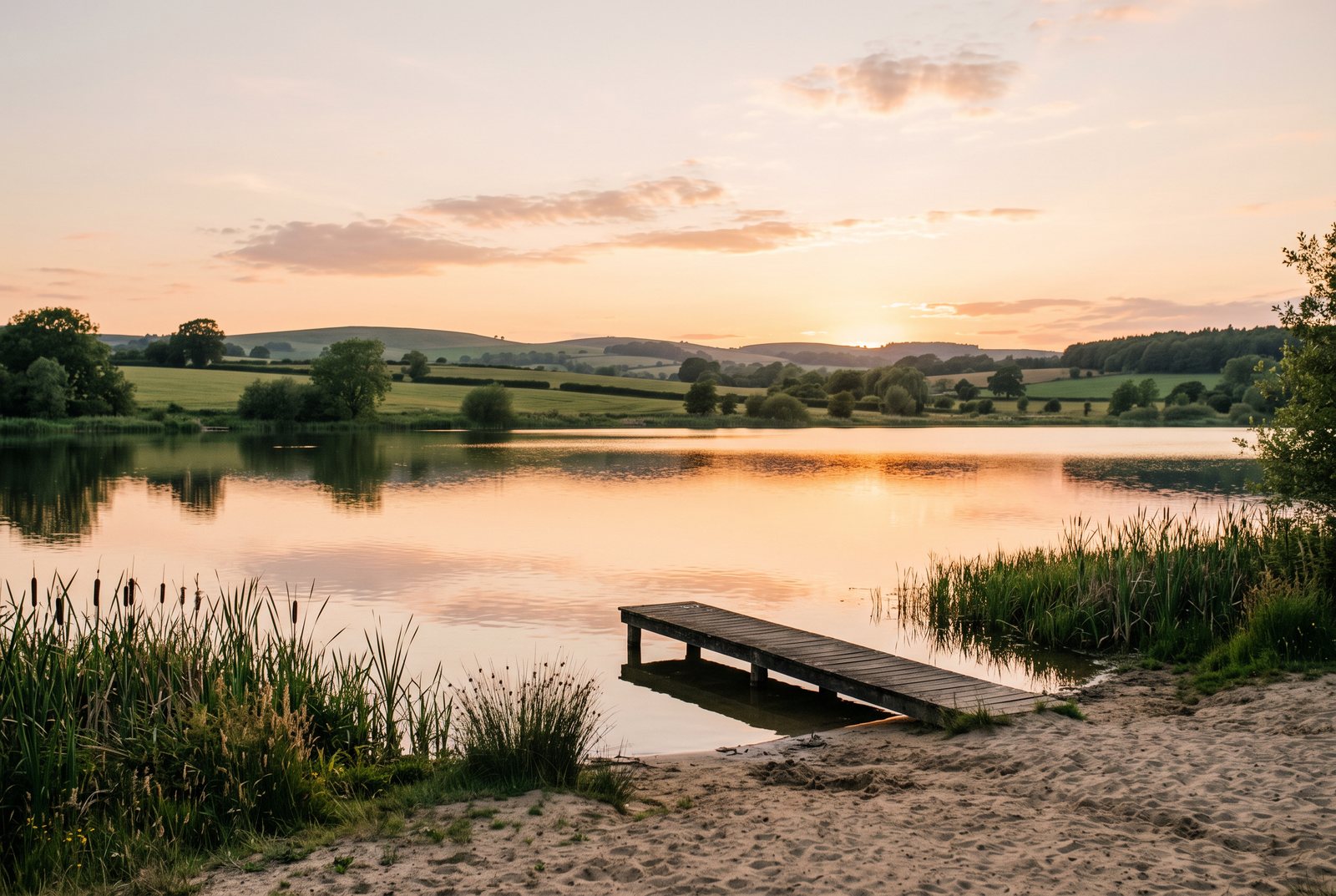 Badesee mit Holzsteg und Schilf im Abendlicht