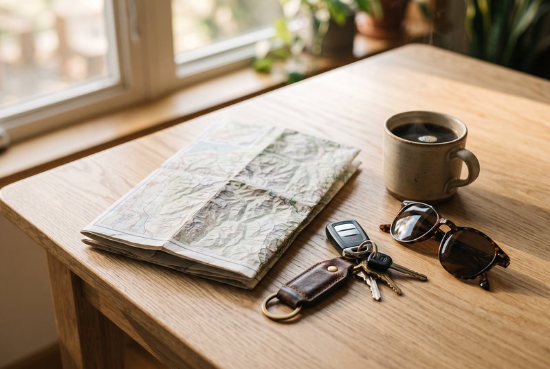 Autoschlüssel, Straßenkarte, Sonnenbrille und Kaffee auf einem Holztisch