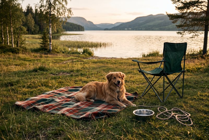 Hund auf einer Decke neben einem Campingstuhl am See