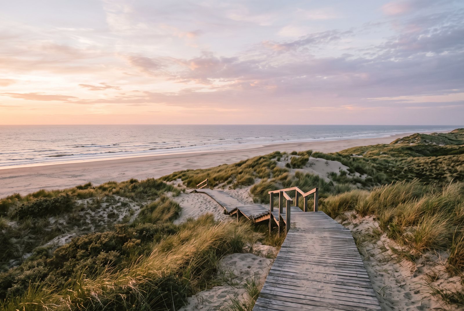 Holzsteg durch die Dünen an der Küste bei Sonnenuntergang