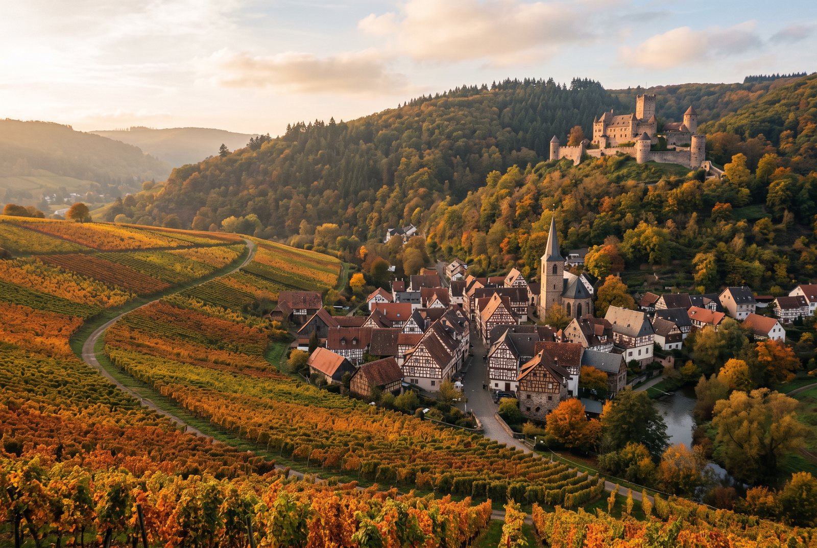 Herbstliche Weinberge mit Weinort und Burg auf dem Hügel