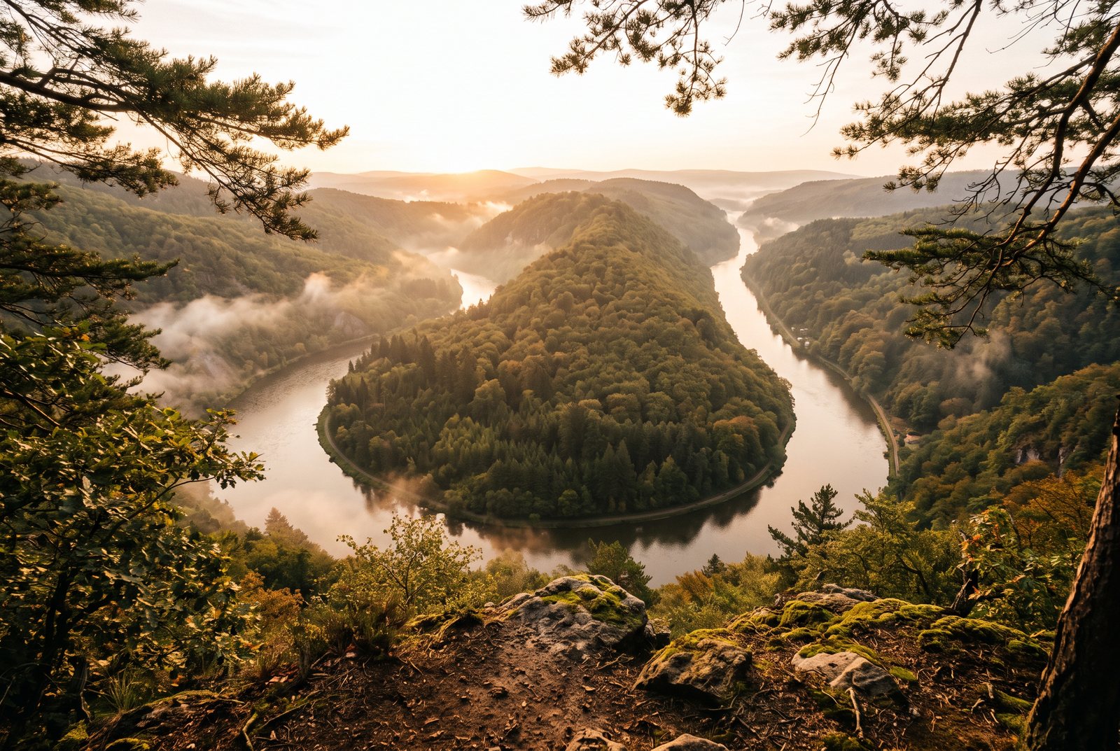 Blick auf eine Flussschleife zwischen bewaldeten Hügeln