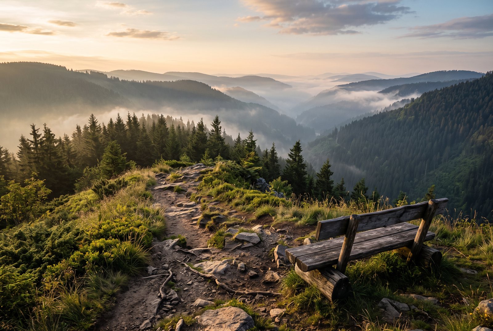 Wanderweg mit Holzbank über bewaldeten Bergkämmen im Morgennebel