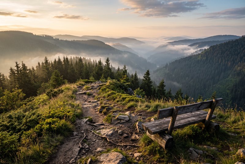 Wanderweg mit Holzbank über bewaldeten Bergkämmen im Morgennebel