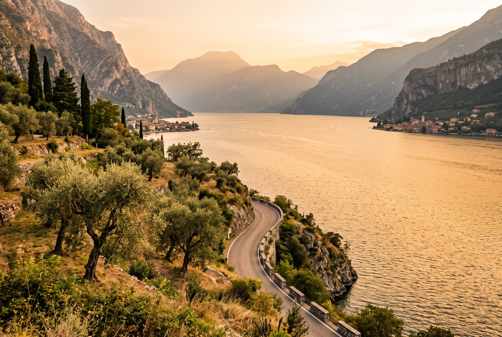 Uferstraße an einem Alpensee im Abendlicht