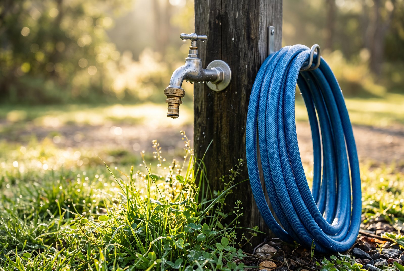 Trinkwasserhahn mit blauem Wasserschlauch auf einem Campingplatz