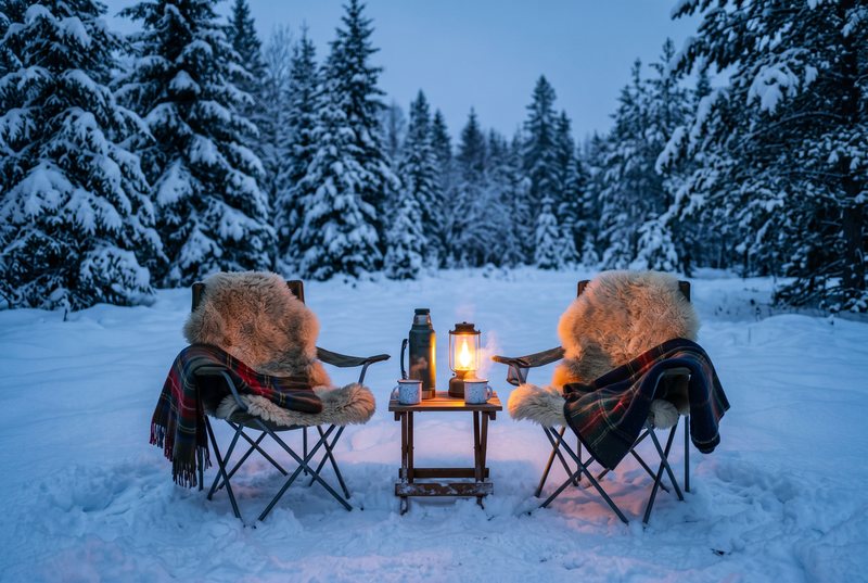 Zwei Campingstühle mit Fellen und Laterne im verschneiten Wald